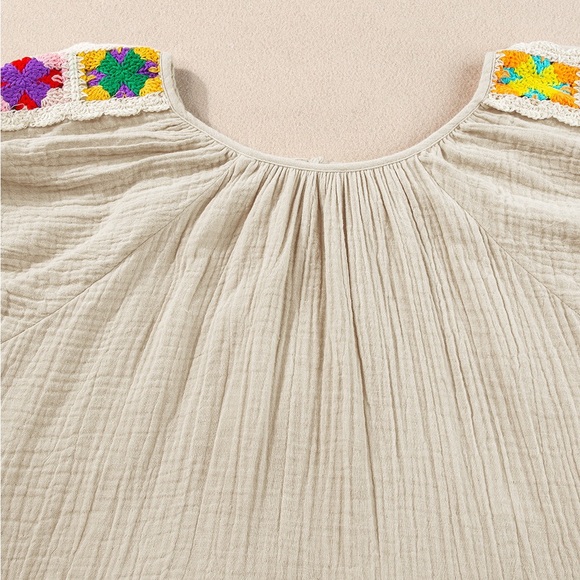 Khaki  Crinkle Embroidered Patched Bubble Sleeve Tied Neck Blouse Bohemian - Picture 9 of 11